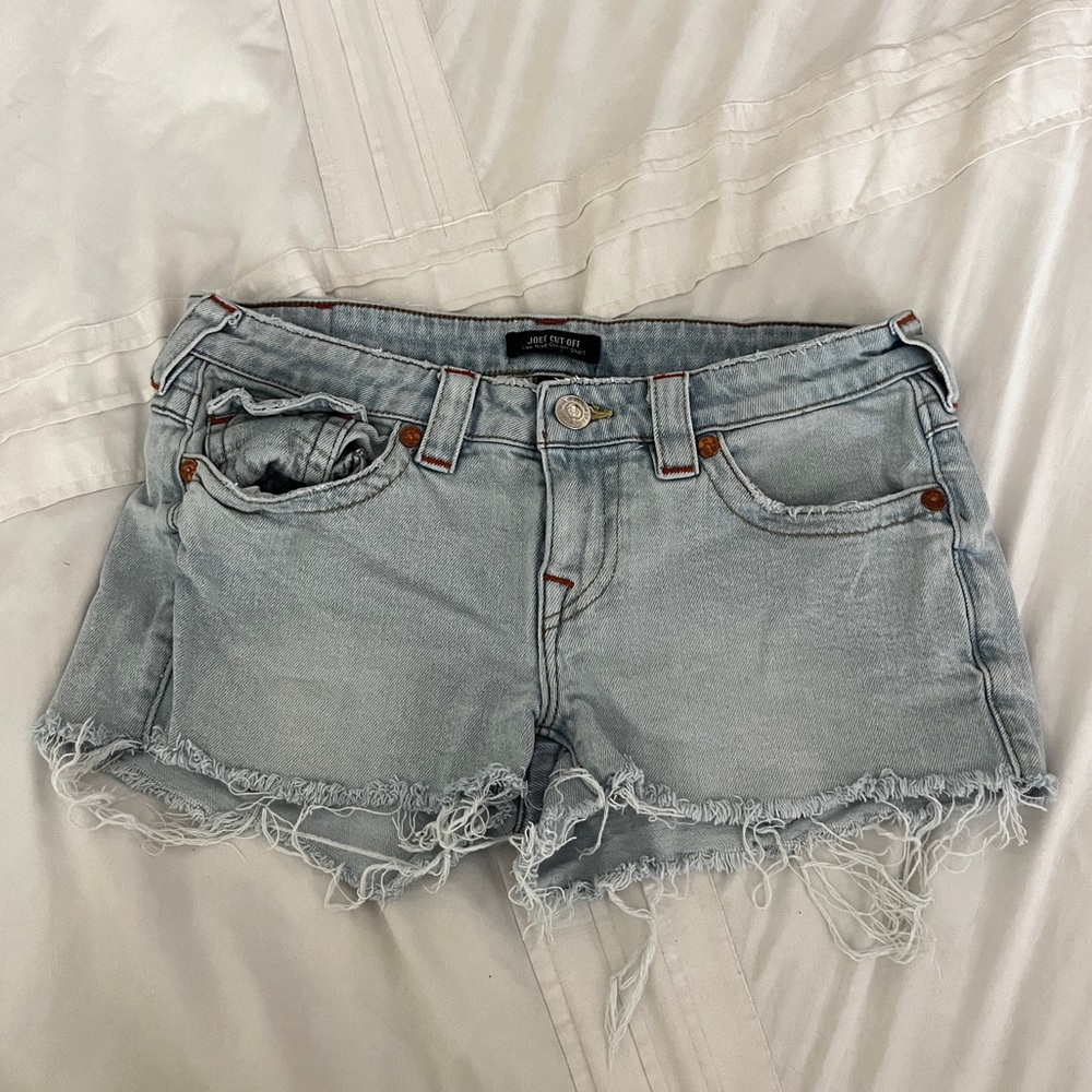 True Religion Light Blue Joey cut off Frayed Jean Shorts
